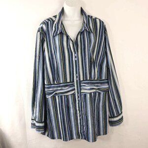 Maggie Barnes Womens Button Front Shirt Blue Stripe Long Sleeve Stretch Plus 3X